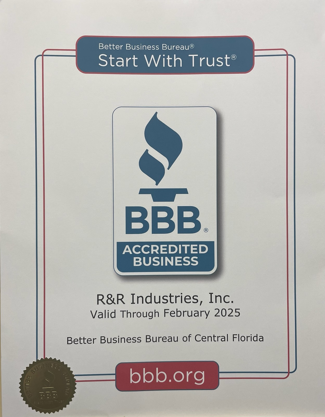 R&R Industries, Inc. is Proud To Be a BBB Accredited Business
